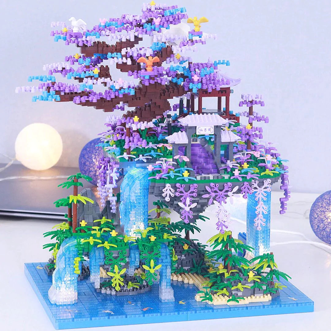 New Nano Building Blocks Set of Japanese Purple Sakura Tree Temple Waterfall