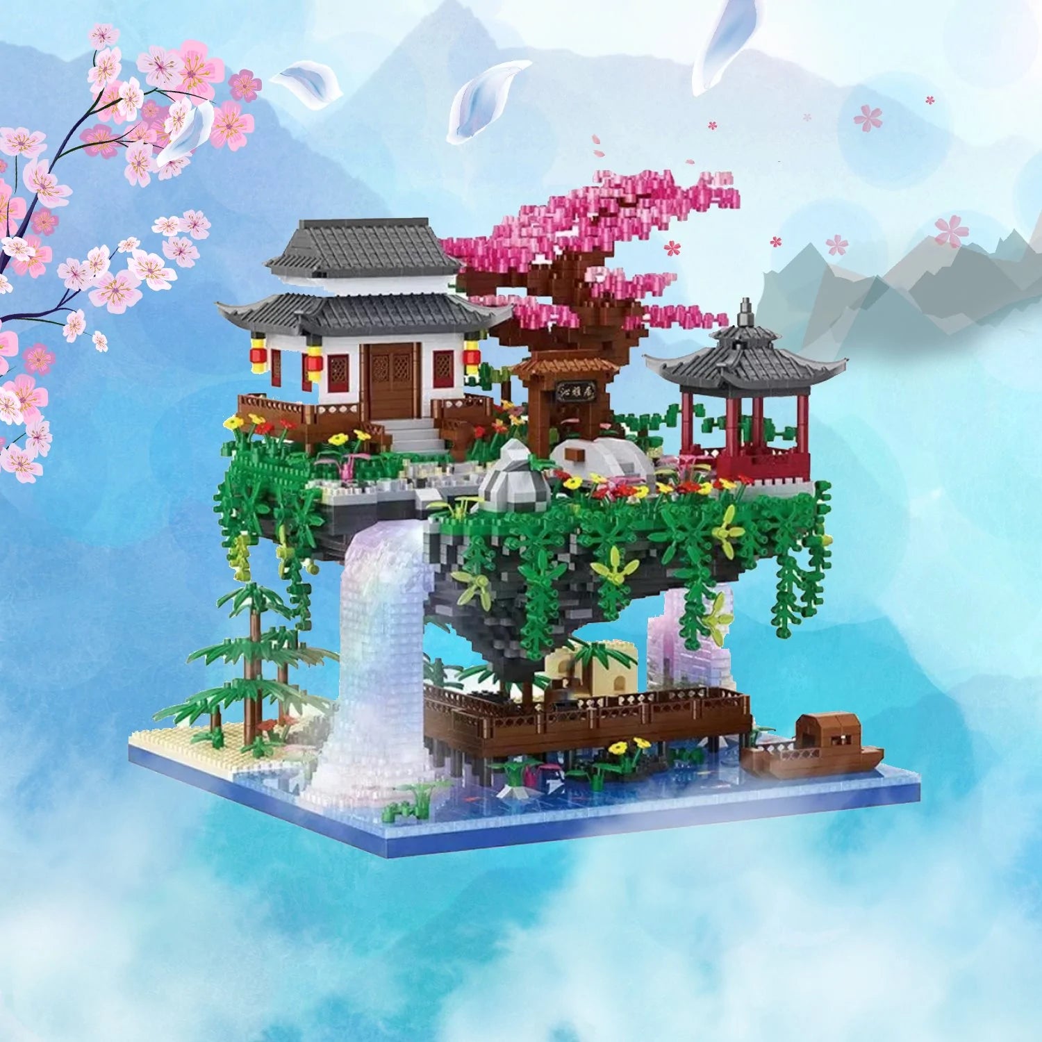 Waterfall Japanese House Sakura Tree Floating Island Nano Building Blocks | Limited Stock