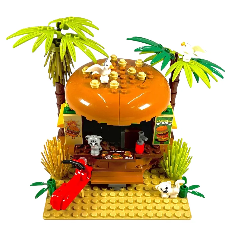 Paradise Burger Modular Building Blocks Set | Intricate and Colorful Burger in Paradise Brick Building Experience | General Jim's Toys