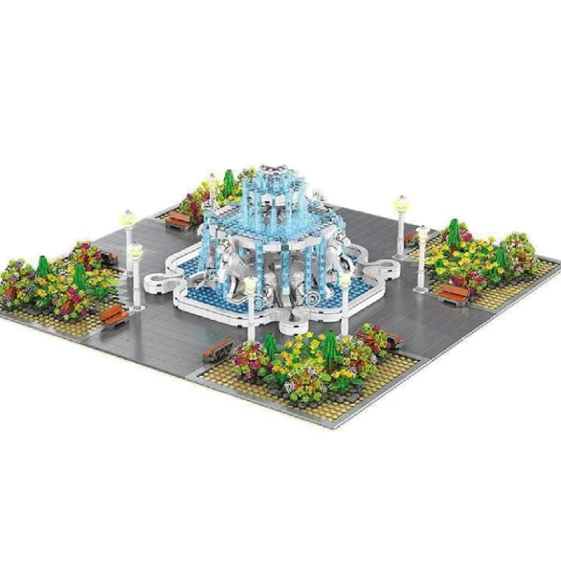 Lighted Angel Fountain Street View Creator Modular City Building Blocks Set w/ LED Lighting | Amusement Park Botanical Toy Set | General Jim's Toys