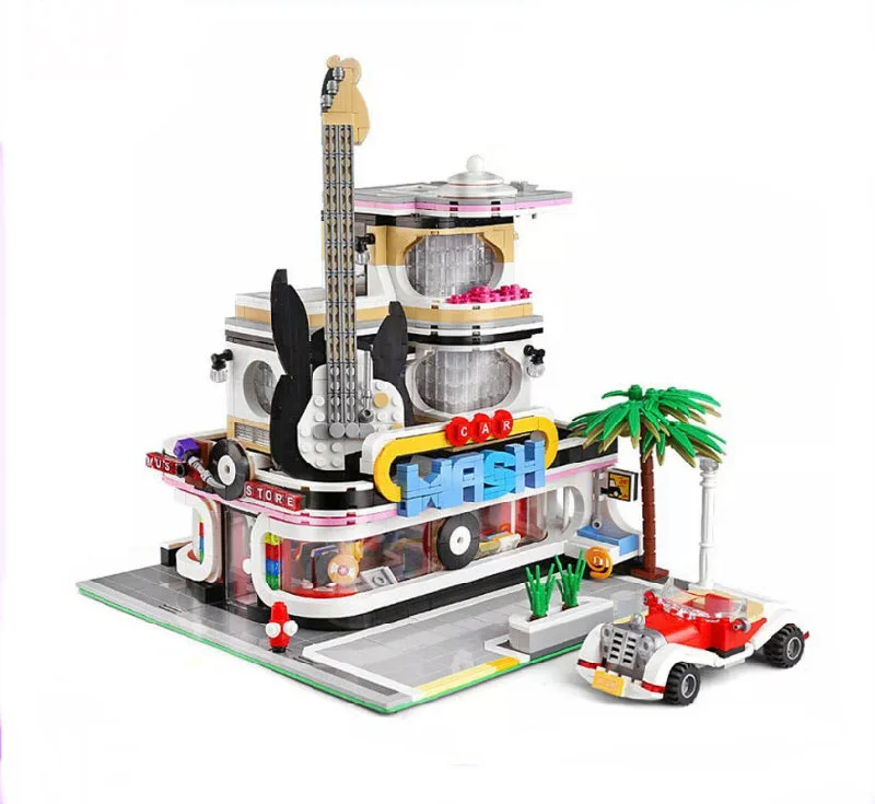 Music Store & Car Wash Street View Creator Modular City Building Blocks Set | General Jim's Toys